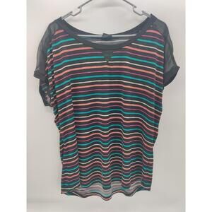 Worthington Women's Short Sleeve Top Black Multi Color Stripes Sheer Sleeves 2XL